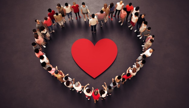 Persone in piedi in cerchio con un cuore al centro