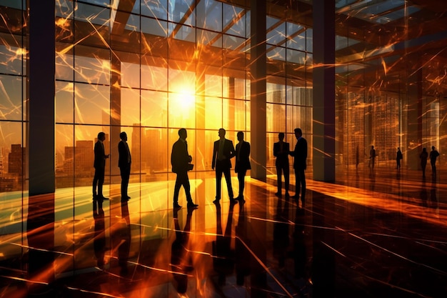 persone in piedi in una grande stanza con un tramonto sullo sfondo ai generativa