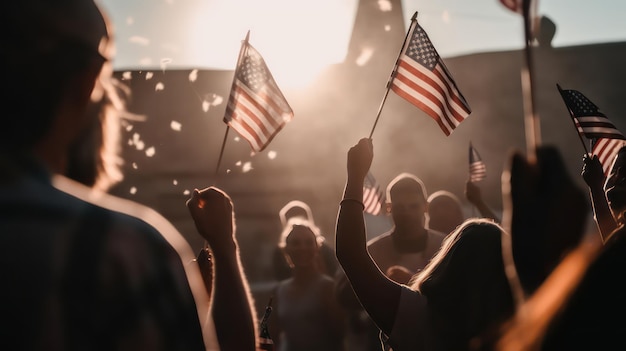 Persone in possesso di bandiere americane in una manifestazione