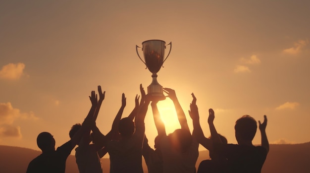 Persone in possesso di un trofeo con le mani in aria