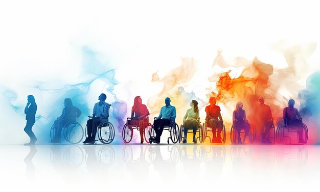 persone in sedia a rotelle in un raggruppamento multicolore di in stile di gradienti sottili