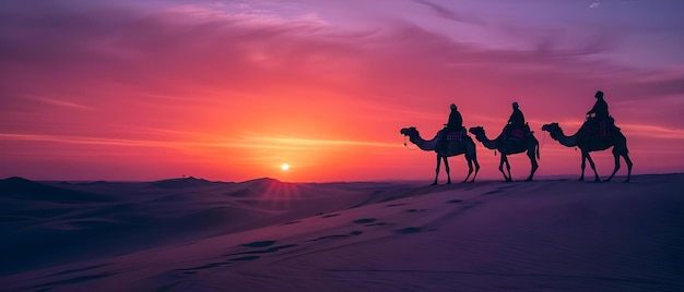 Persone in silhouette su cammelli nel deserto del Sahara al tramonto Concept Sahara Desert Camel rides Sunset silhouettes Avventura fotografia ritratto all'aperto