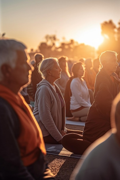 Persone in una lezione di yoga al tramonto con il sole che tramonta dietro di loro