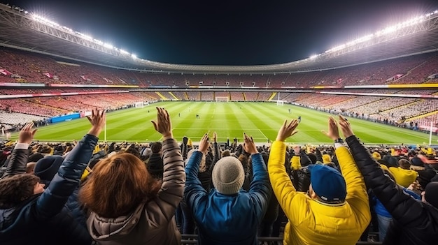 Persone in uno stadio con le mani alzate