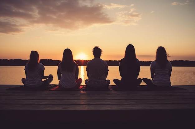 Persone lezione di yoga tramonto mare Genera Ai