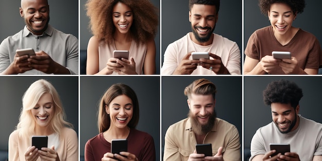 Persone multietniche sorridenti che usano gli smartphone mentre si rilassano in poltrona a casa