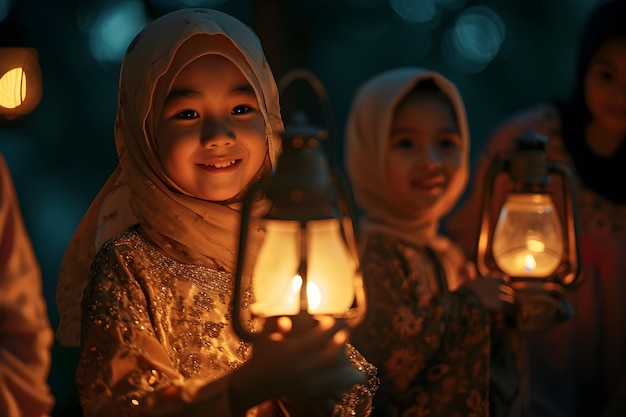 Persone musulmane che celebrano l'Eid Mubarak con una torcia di lanterna