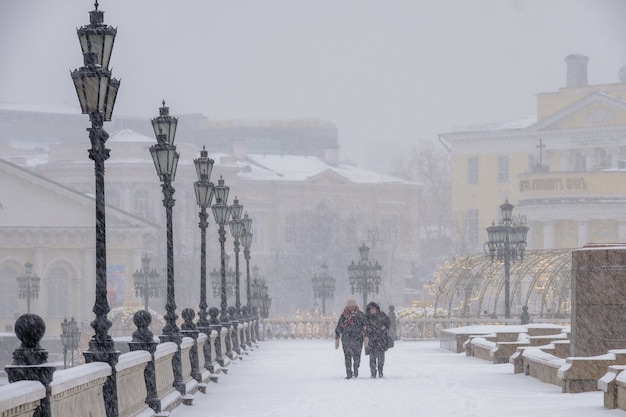 Persone nella neve camminano sull'Alexander Garden