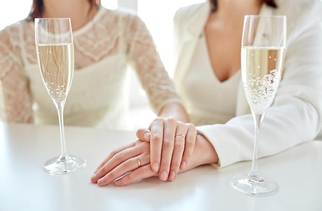 persone, omosessualità, matrimonio omosessuale, celebrazione e concetto di amore - primo piano di una coppia lesbica sposata felice con le mani in cima e bicchieri di champagne