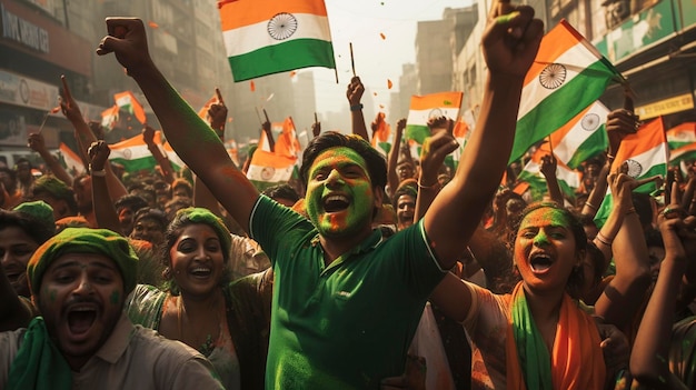 Persone per strada che si rallegrano della festa tenendo la bandiera indiana L'AI generativa del giorno dell'indipendenza dell'India