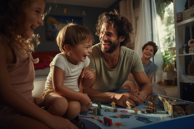 Persone positive papà gioca giochi da bambini con un bambino che gioca sorridendo in un nuovo appartamento avendo