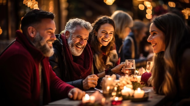 Persone sedute a un tavolo che festeggiano il Natale con luci scintillanti