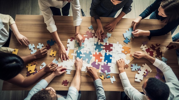 Persone sedute attorno a un tavolo con un pezzo di puzzle nel mezzo