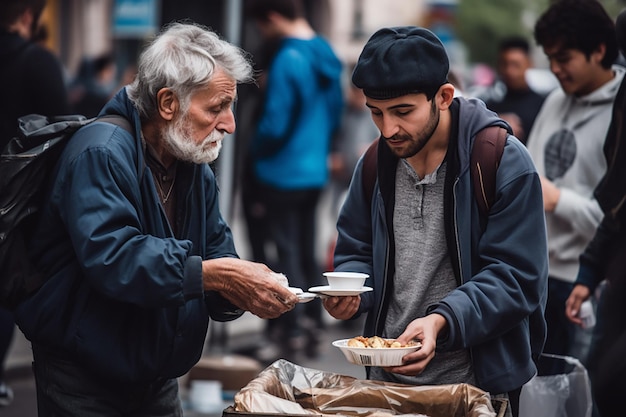 Persone senzatetto fanno la fila per ricevere donazioni per il pranzo in una strada del centro