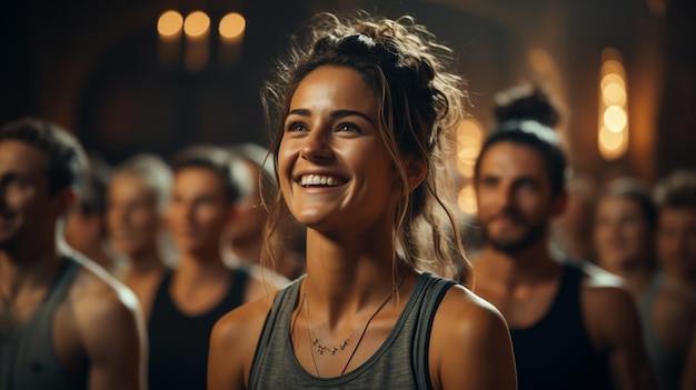 Persone sorridenti che fanno esercizi di potenza in classe di yoga