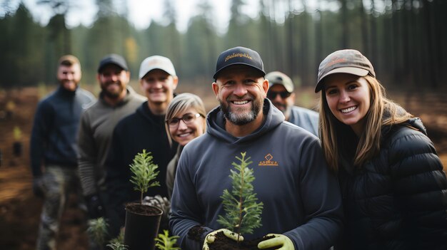 persone sorridenti che tengono piccoli alberi in una foresta con alberi sullo sfondo AI generativa