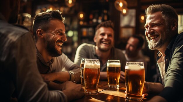 persone uomini tempo libero amicizia e concetto di celebrazione amici maschi felici che bevono birra e bicchieri tintinnanti al bar o al pub