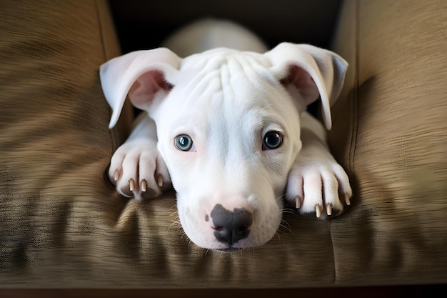 Perspettiva dall'alto di un cane pitbull bianco in un ambiente domestico Fotografia di animali domestici concettuale Perspectiva dall'alto dal basso Pitbull bianca ambiente domestico Ritratti di animali