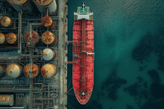 Perspettiva dall'alto di un'enorme nave da carico rossa ormeggiata accanto a serbatoi di petrolio industriali