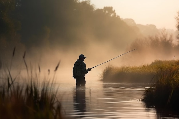 Pesca all'alba Pescatore nel lago nebbioso con canna da pesca