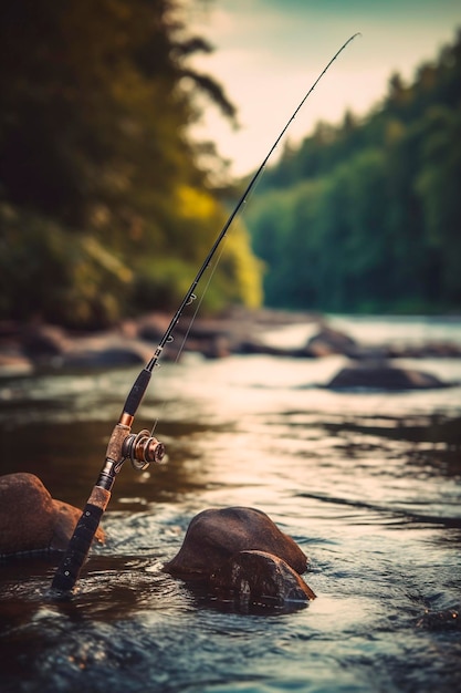 Pesca canna da pesca sullo sfondo del fiume IA generativa