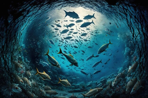 Pesca di colonie di pesci e scena della fauna selvatica oceanica con molti piccoli pesci nel mare sotto la superficie