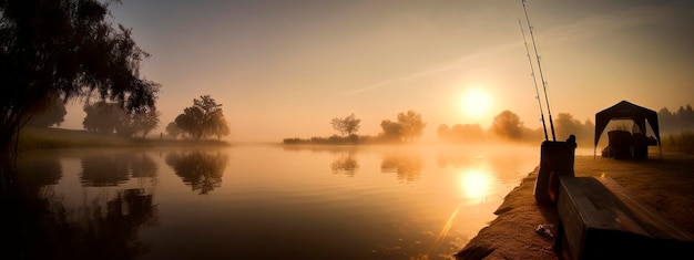 Pesca lago canna da pesca mattina alba Generativo Ai