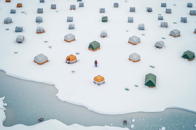 Pesca sul ghiaccio in tenda campionato invernale di pesca sportiva IA generativa