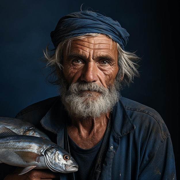 Pescatore appassionato su uno sfondo blu solido