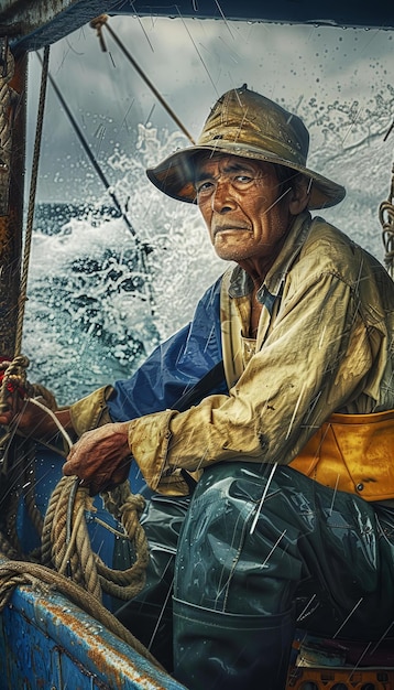 Pescatore che affronta la tempesta in mare Ritratto meteorologico drammatico e dinamico con una resilienza