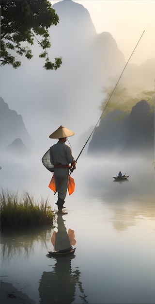 Pescatore con la rete in una mattinata nebbiosa nelle zone umide
