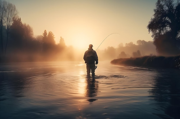 Pescatore in riva al lago all'alba rete neurale ai generata