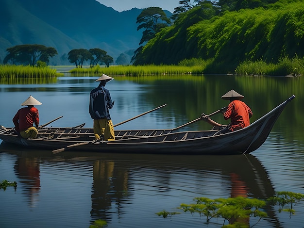 Pescatori asiatici sulla barca che pescano nel lago Ai generato