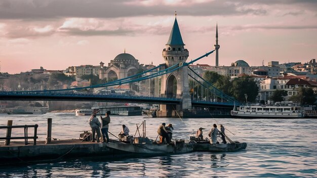 Pescatori sul ponte di Galata a Istanbul con il paesaggio cittadino e la torre di Galata sullo sfondo