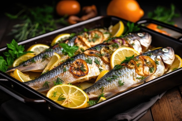 Pesce al forno con limone ed erbe aromatiche in padella