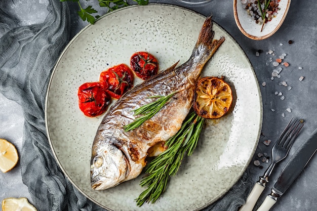 Pesce al forno dorado su un piatto con le verdure