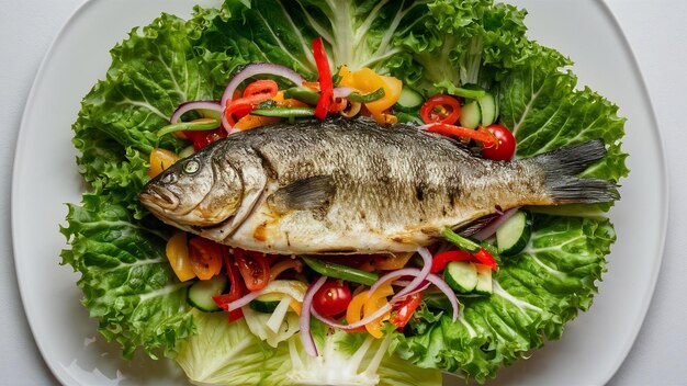 Pesce alla griglia con insalata di verdure fresche, lattuga e zuppe di sumac