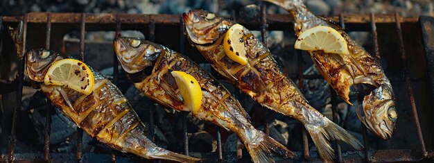 pesce alla griglia con limone e spezie sulla vecchia griglia