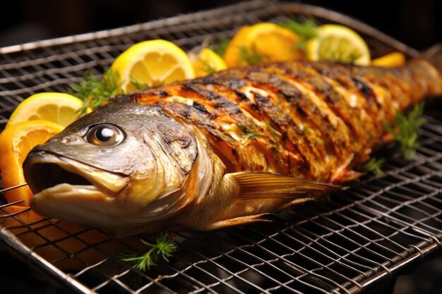 Pesce alla griglia in un cesto di filo da vicino