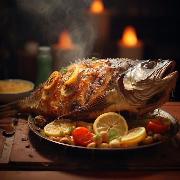 Pesce alla griglia intero caldo servito con limone