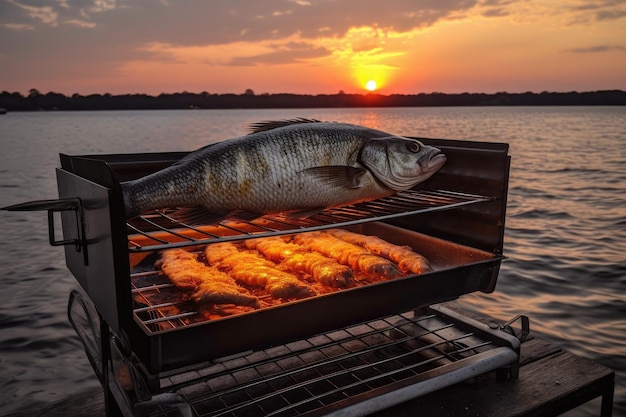 Pesce alla griglia su una griglia portatile con il tramonto sullo sfondo creato con l'IA generativa