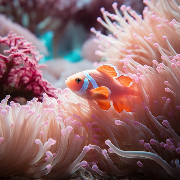 Pesce anemone rosa vibrante in un'anemone sbiancata generata dall'AI