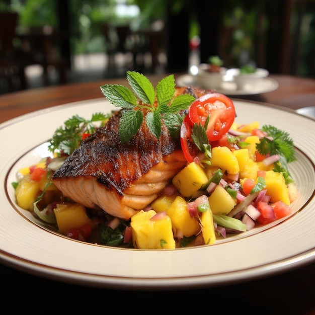 Pesce appetitoso e piatto di verdure su un piatto colorato