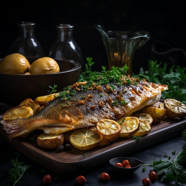 Pesce arrosto guarnito con fettine di limone servito con verdure