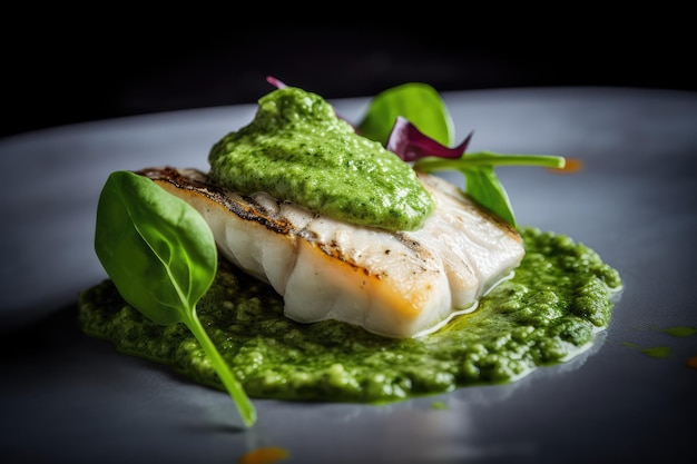 Pesce bianco arrostito spinaci salsa di pesto fritti frutti di mare salsa verde grigliato merluzzo filetto pesce bianco pezzo di IA generativa illustrazione