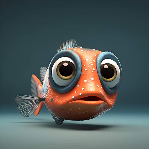 Pesce cartone animato con espressione divertente su sfondo blu rendering 3D