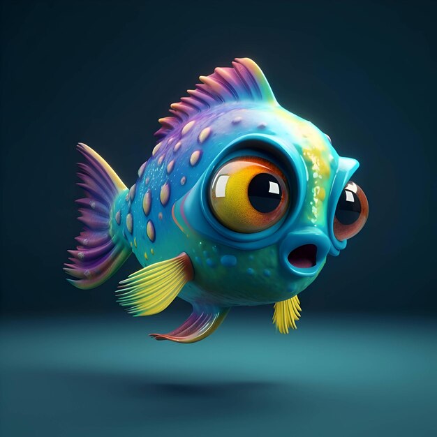 Pesce cartone animato su uno sfondo scuro illustrazione di rendering 3d