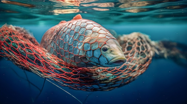 Pesce catturato in una rete da pesca Foto subacquea Pesca e ambiente sostenibili Ai generativa