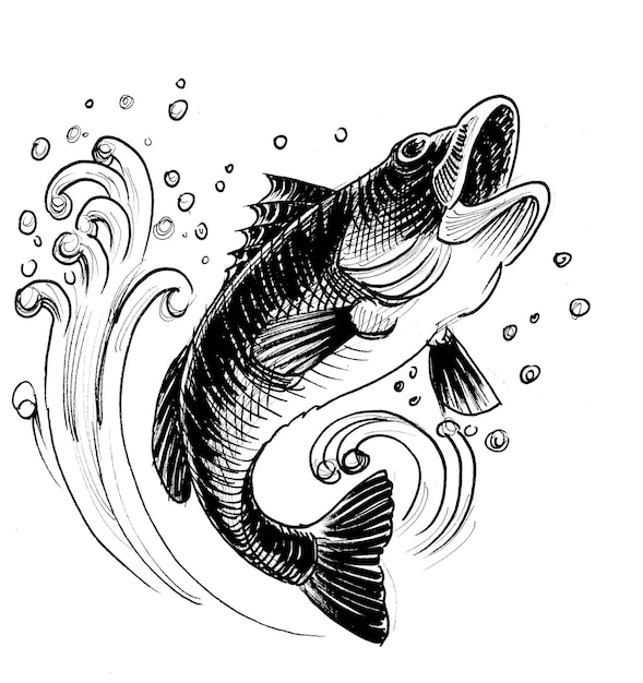 Pesce che salta Disegno a inchiostro in bianco e nero