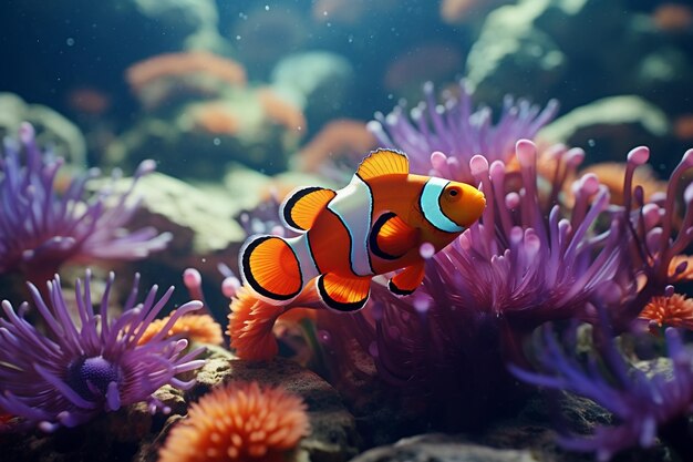 Pesce clown che nuota tra le anemone